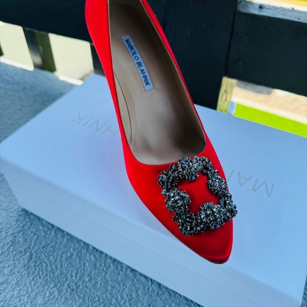 Manolo Blahnik Red Satin Crystal Heels